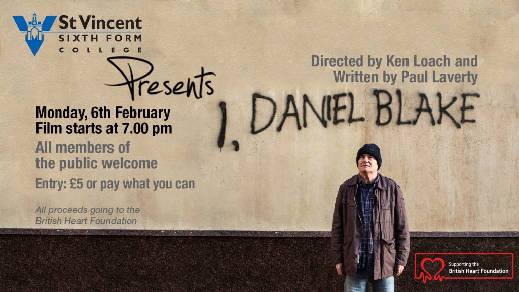 Poster for I, Daniel Blake screening at St Vincent College